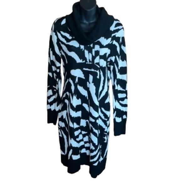 Calvin Klein Black And White Zebra Print Turtleneck Sweater Dress Size M